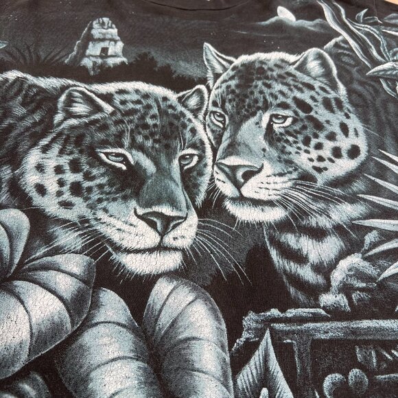 Vintage 90s Nature All Over Print Leopard in Jungle Single Stitch T-Shirt Sz Lrg - Picture 7 of 15